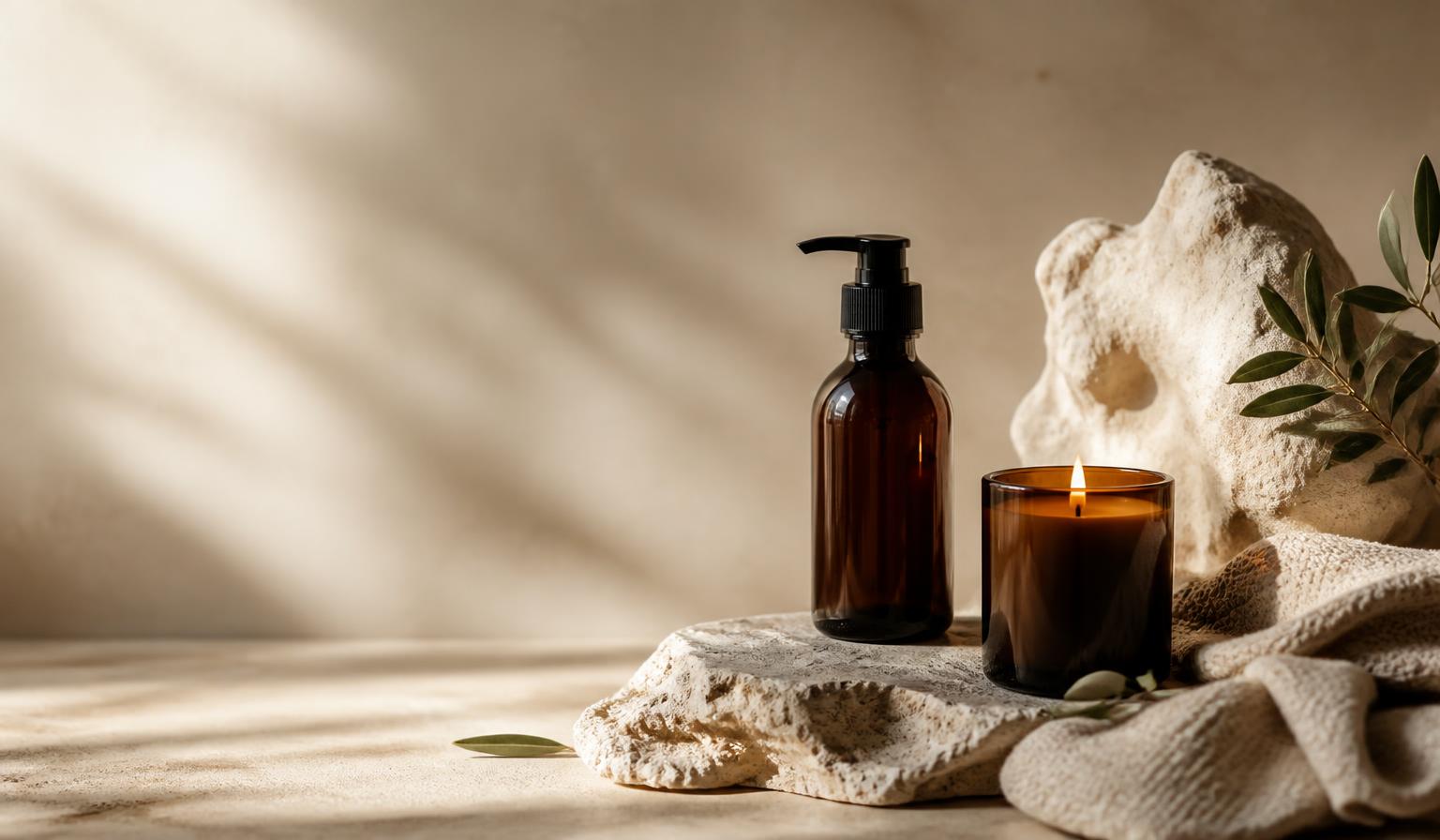Amber ELYREN apothecary bottle and candle arranged with linen and stone